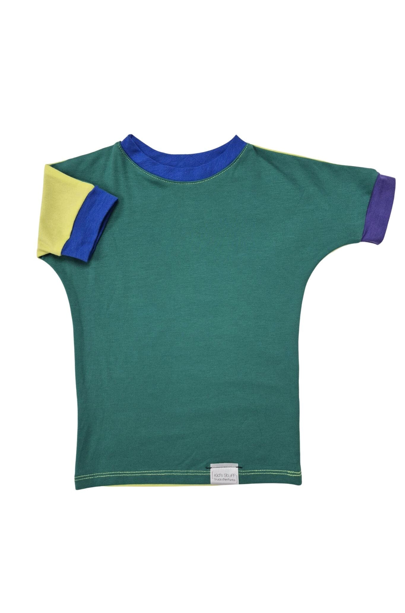 Multi colored grow-with-me t-shirt for kids, made from soft organic cotton with a stretchy, foldable waistband. Ethically made in Canada for a sustainable and comfy fit.
