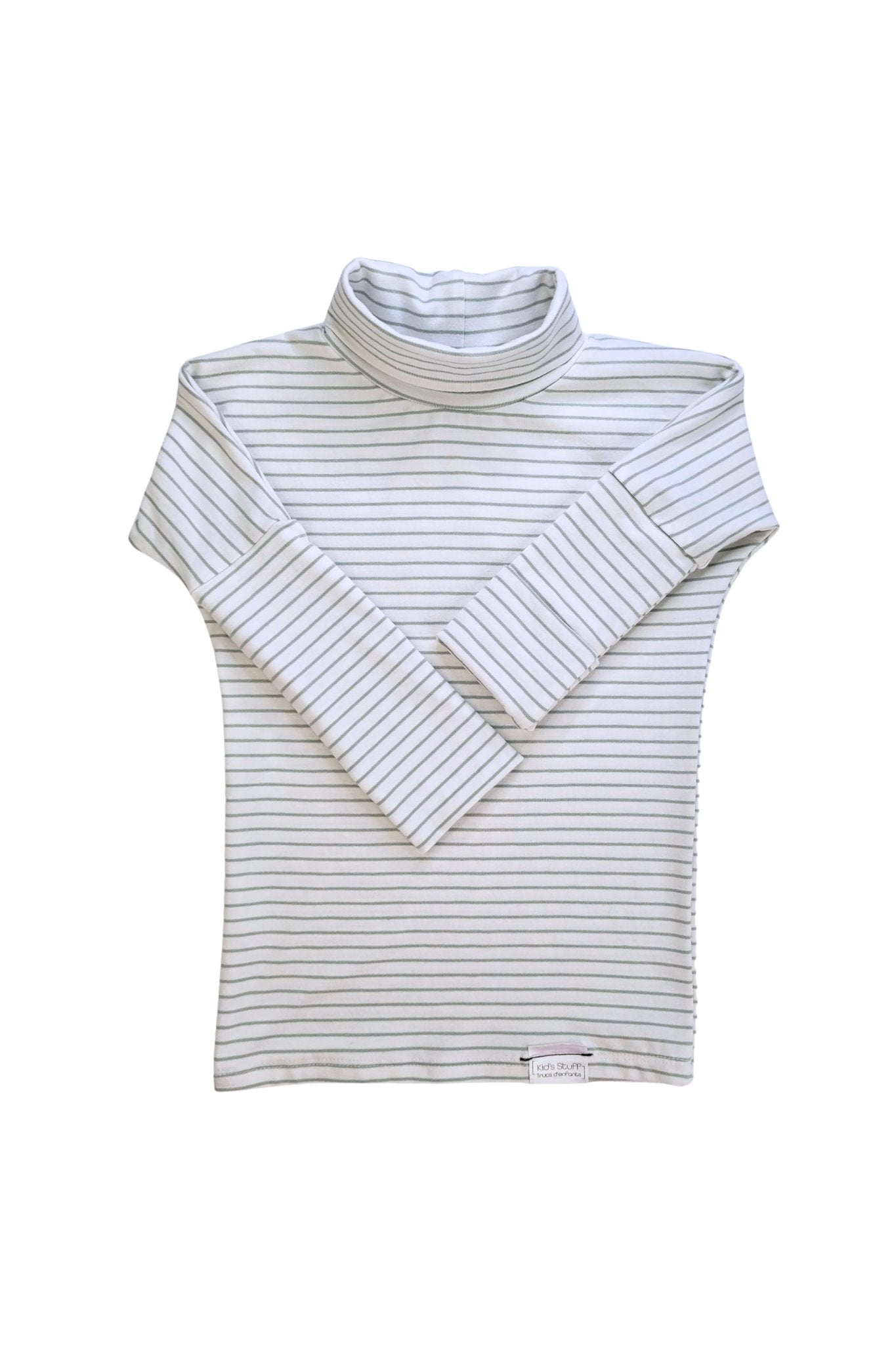Eco-friendly kids' clothing – gender-neutral Olive Green Stripes grow with me turtleneck, sustainably made in Canada.
