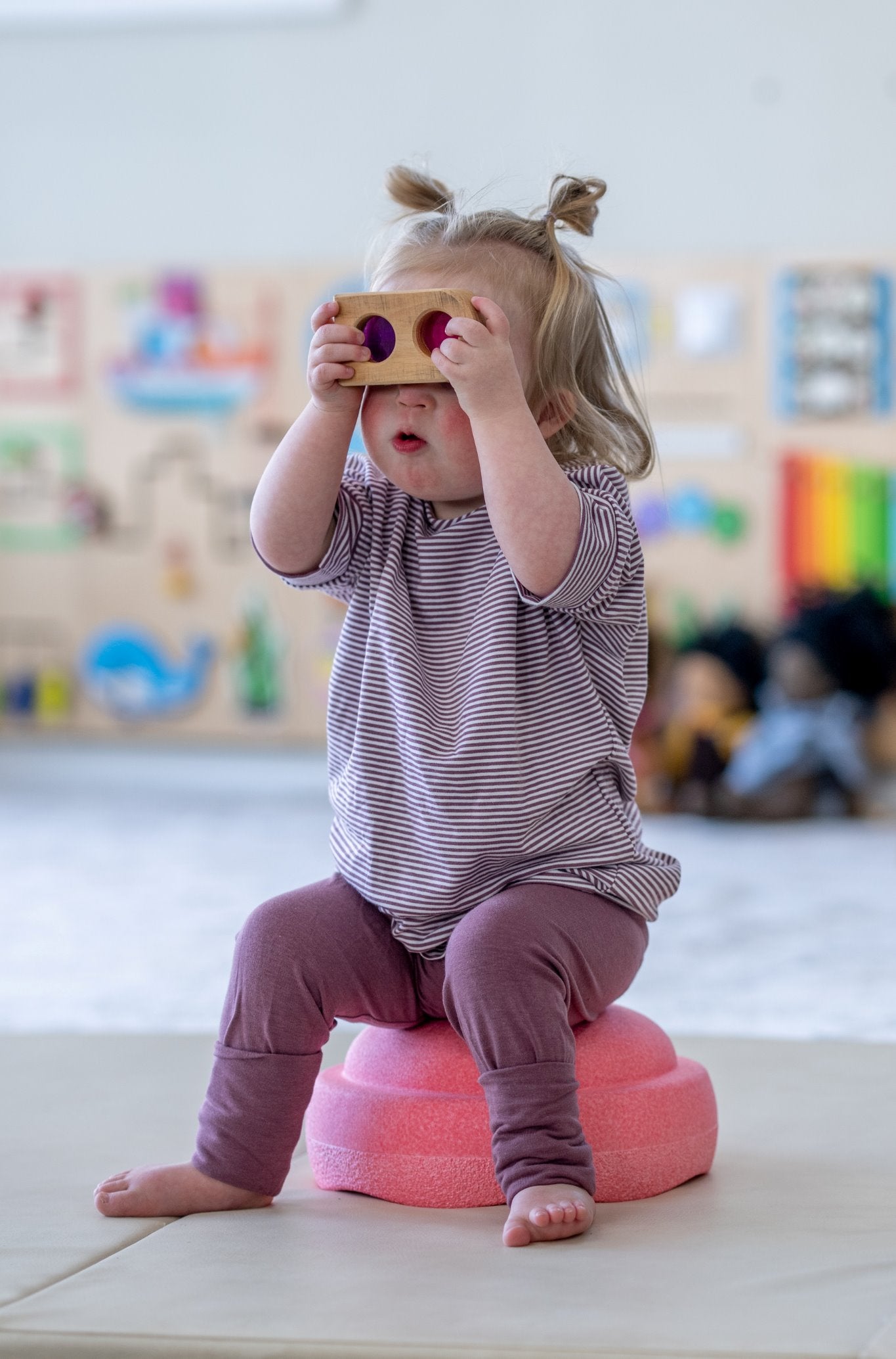 Rose Brown Stripes grow-with-me t-shirt for kids, made from soft organic cotton with a stretchy, foldable waistband. Ethically made in Canada for a sustainable and comfy fit.
