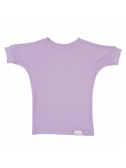 Waterlily grow-with-me t-shirt for kids, made from soft organic cotton with a stretchy, foldable waistband. Ethically made in Canada for a sustainable and comfy fit.