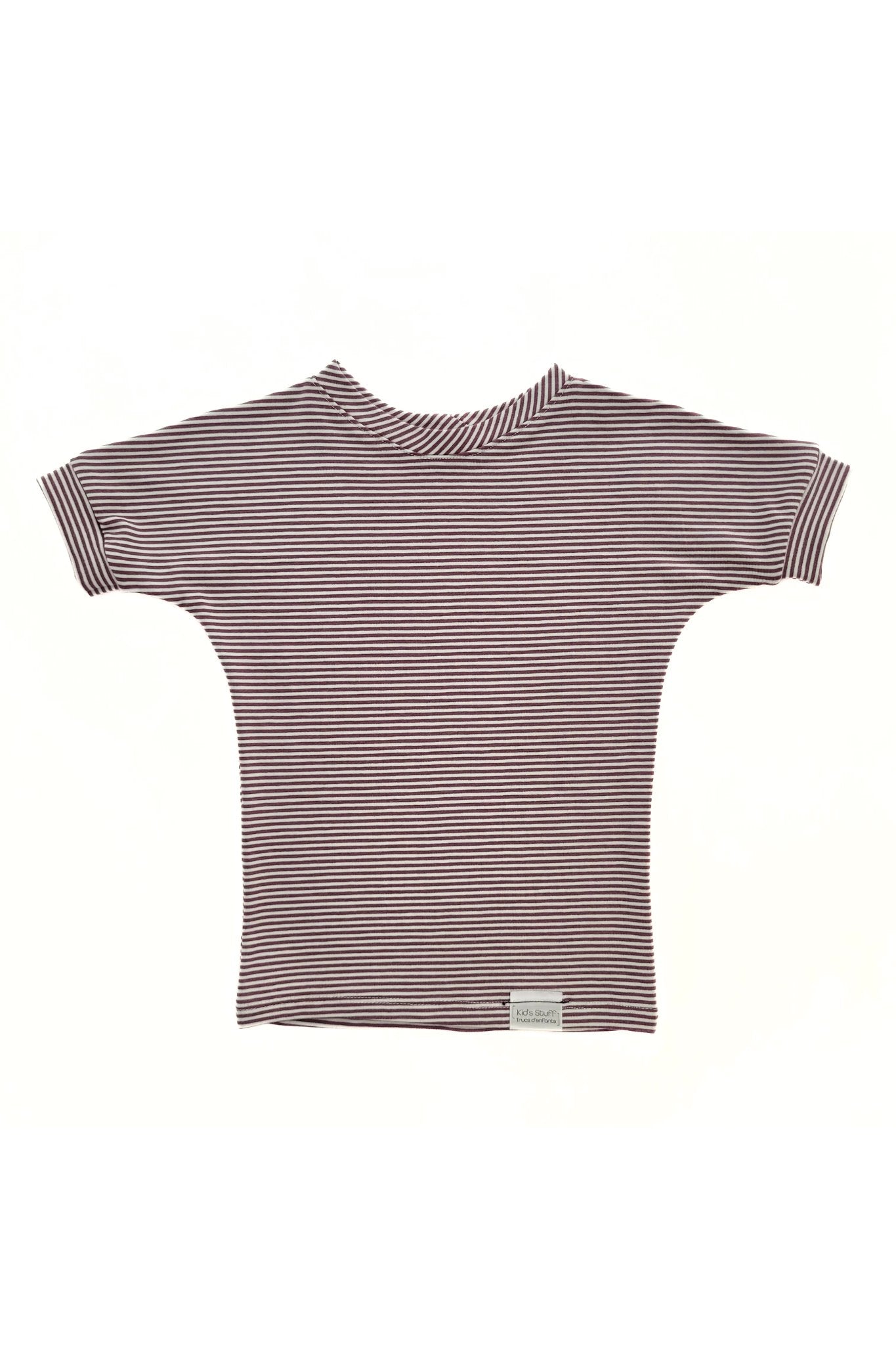 Rose Brown Stripes grow-with-me t-shirt for kids, made from soft organic cotton with a stretchy, foldable waistband. Ethically made in Canada for a sustainable and comfy fit.