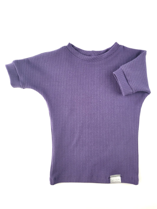 Grape grow-with-me t-shirt for kids, made from soft organic cotton with a stretchy, foldable waistband. Ethically made in Canada for a sustainable and comfy fit.