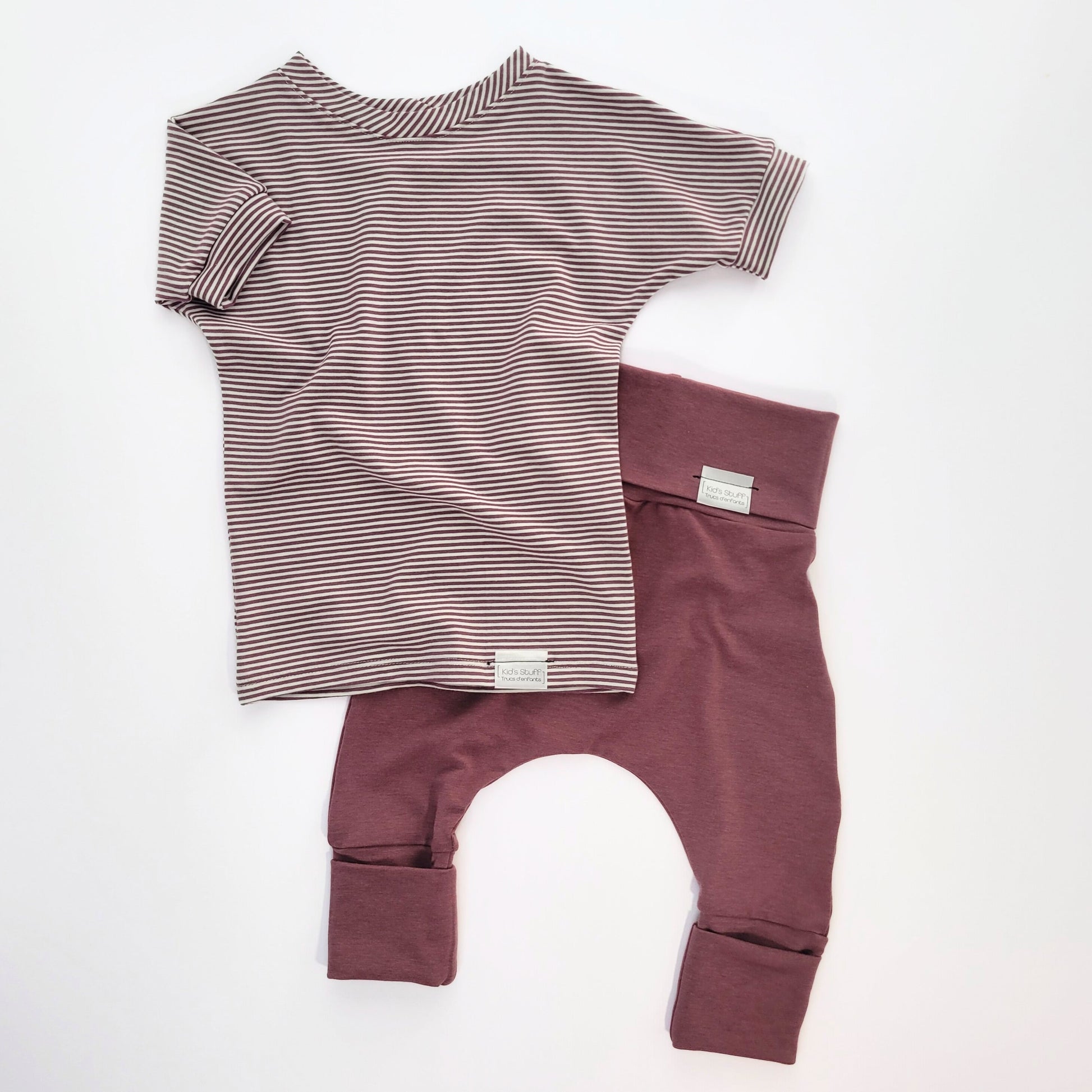 Rose Brown Stripes grow-with-me t-shirt for kids, made from soft organic cotton with a stretchy, foldable waistband. Ethically made in Canada for a sustainable and comfy fit.