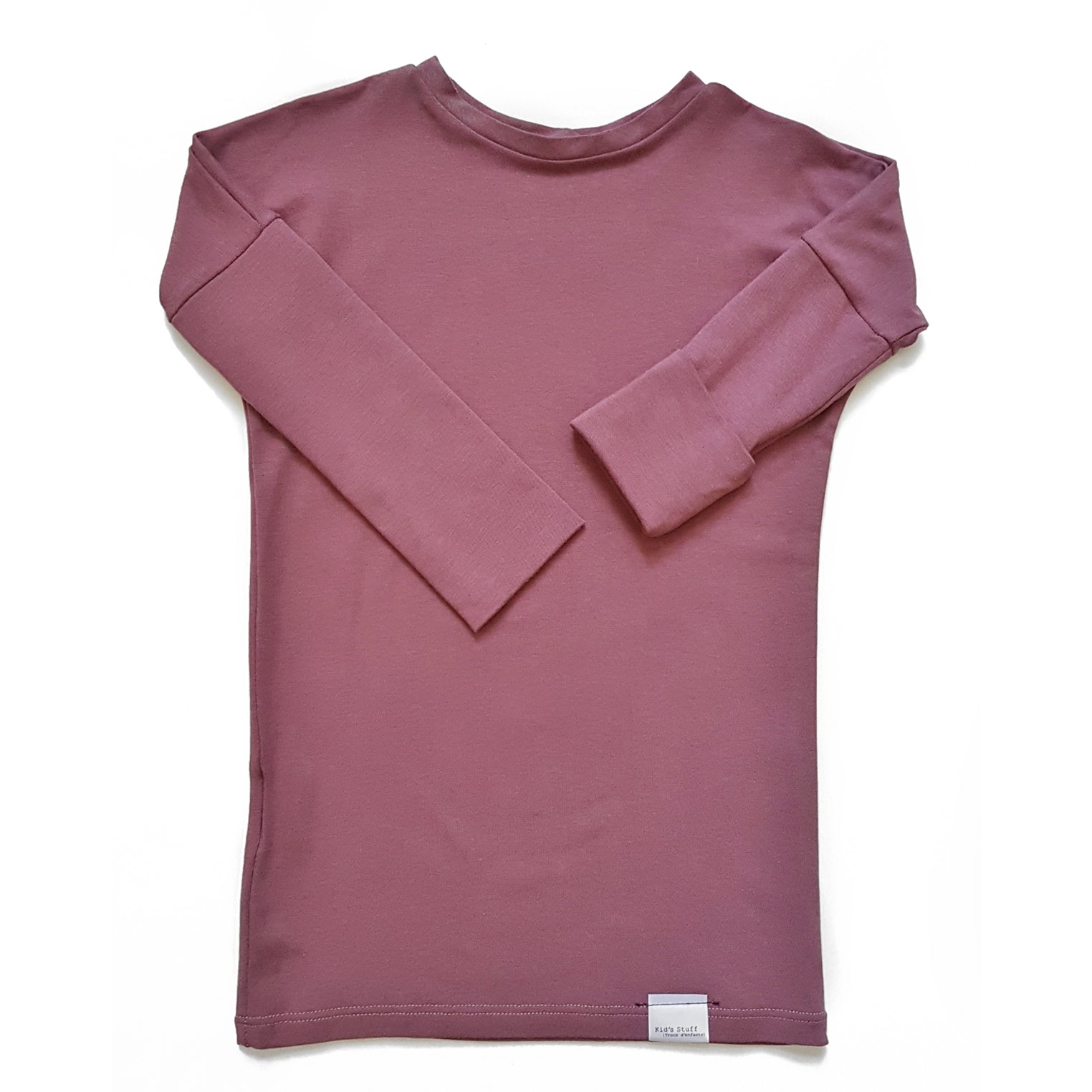 Rose brown grow-with-me shirt for toddlers and kids, designed to be worn as a dress, tunic, or long shirt. Seamless shoulders and soft, eco-friendly fabric. Ethically made in Canada.