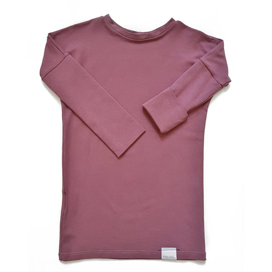 Rose brown grow-with-me shirt for toddlers and kids, designed to be worn as a dress, tunic, or long shirt. Seamless shoulders and soft, eco-friendly fabric. Ethically made in Canada.