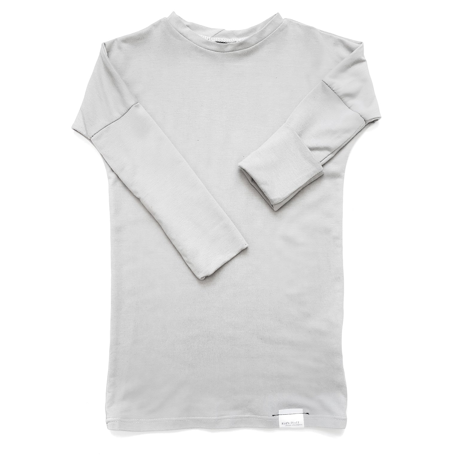 Taupe grow-with-me shirt for toddlers and kids, designed to be worn as a dress, tunic, or long shirt. Seamless shoulders and soft, eco-friendly fabric. Ethically made in Canada.
