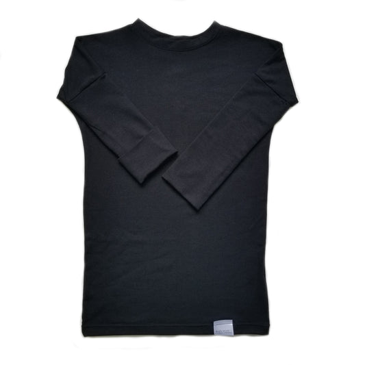 Black grow-with-me shirt for toddlers and kids, designed to be worn as a dress, tunic, or long shirt. Seamless shoulders and soft, eco-friendly fabric. Ethically made in Canada.