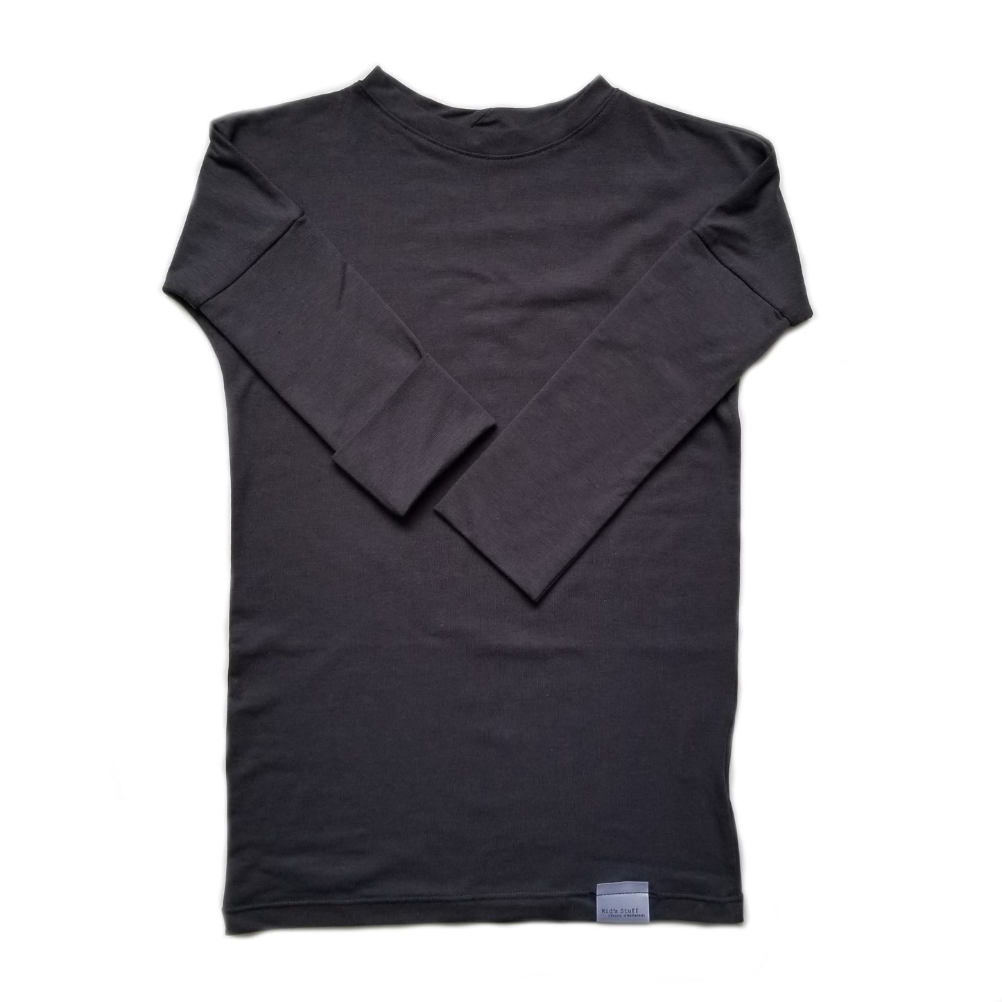 Dark Grey grow-with-me shirt for toddlers and kids, designed to be worn as a dress, tunic, or long shirt. Seamless shoulders and soft, eco-friendly fabric. Ethically made in Canada.