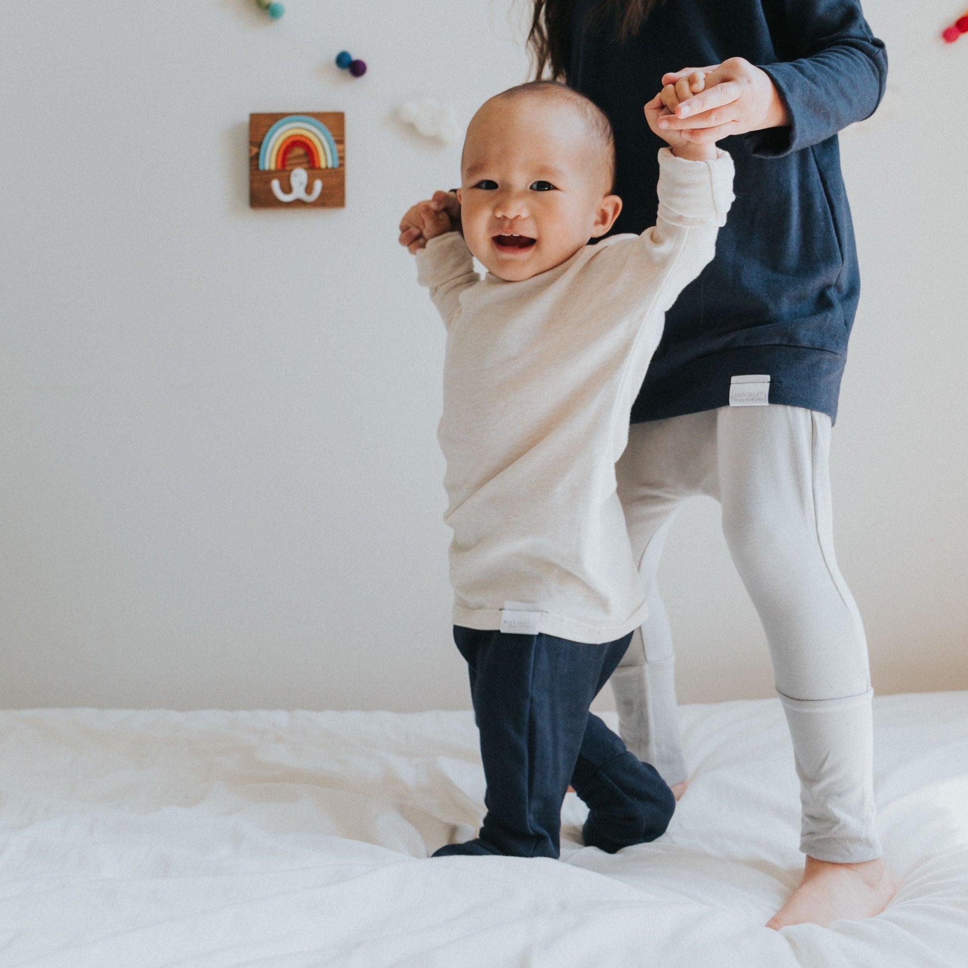 Heather Cream grow-with-me shirt for toddlers and kids, designed to be worn as a dress, tunic, or long shirt. Seamless shoulders and soft, eco-friendly fabric. Ethically made in Canada.
