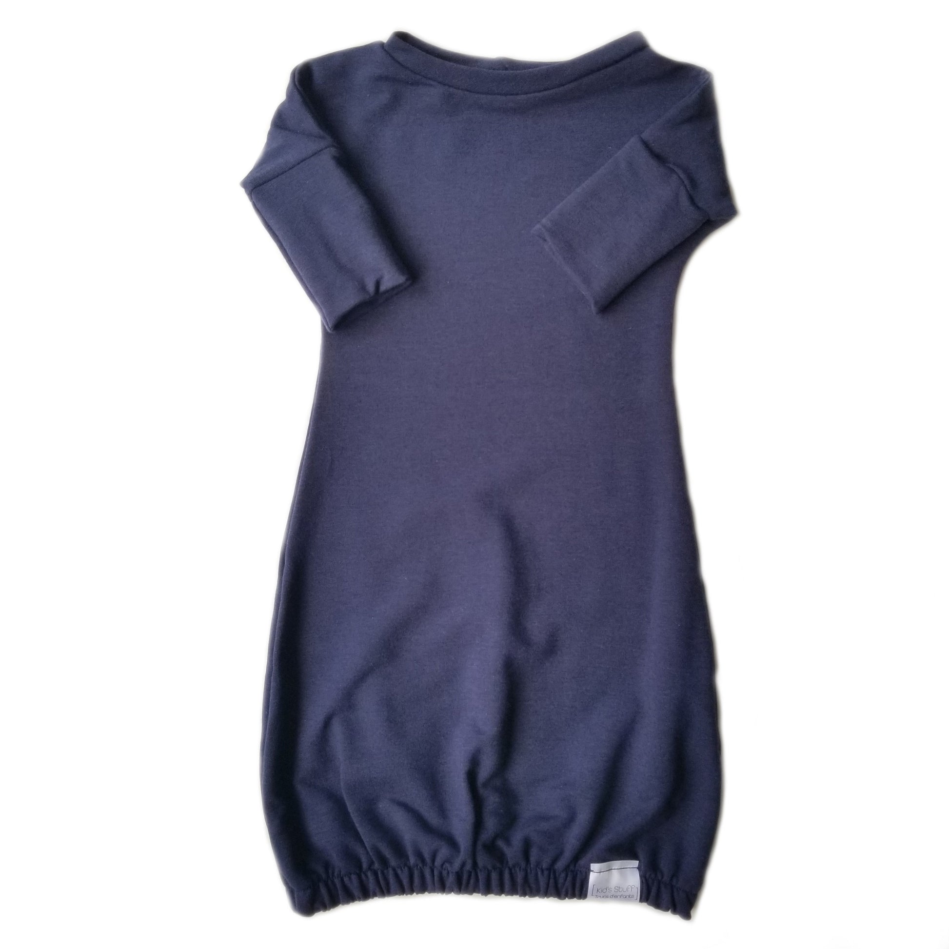 Eco-friendly kids' clothing – gender-neutral navy newborn gown set, sustainably made in Canada.