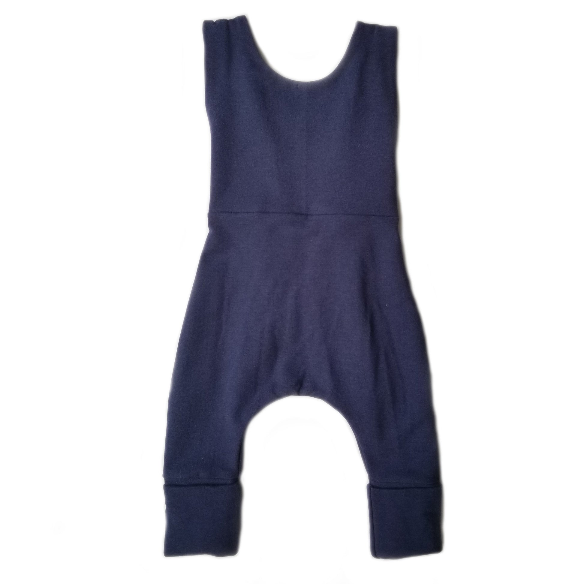 Navy grow-with-me overalls for toddlers and kids, made from soft, eco-friendly fabric. Adjustable straps and cuffs for a long-lasting fit. Ethically made in Canada.