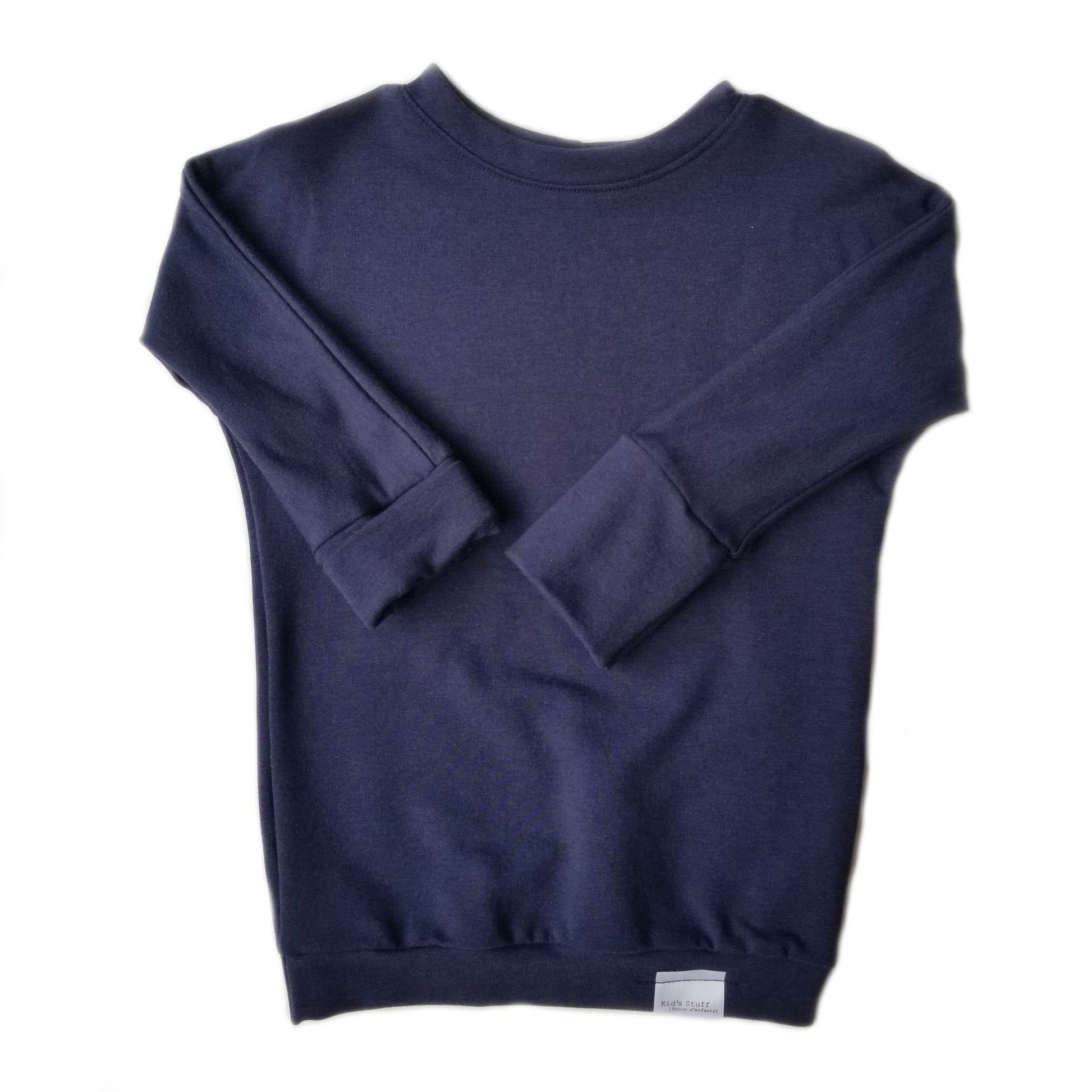 Eco-friendly kids' clothing – gender-neutral Navy grow with me sweater, sustainably made in Canada.