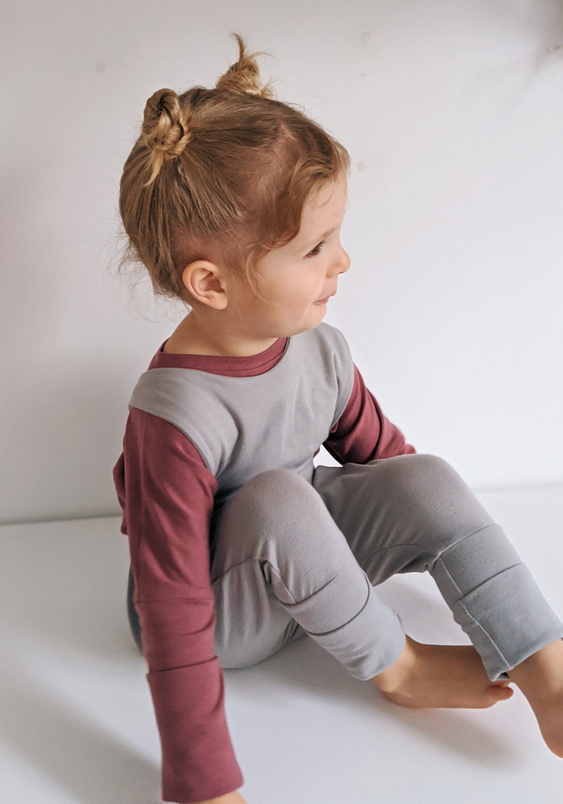 Rose brown grow-with-me shirt for toddlers and kids, designed to be worn as a dress, tunic, or long shirt. Seamless shoulders and soft, eco-friendly fabric. Ethically made in Canada.