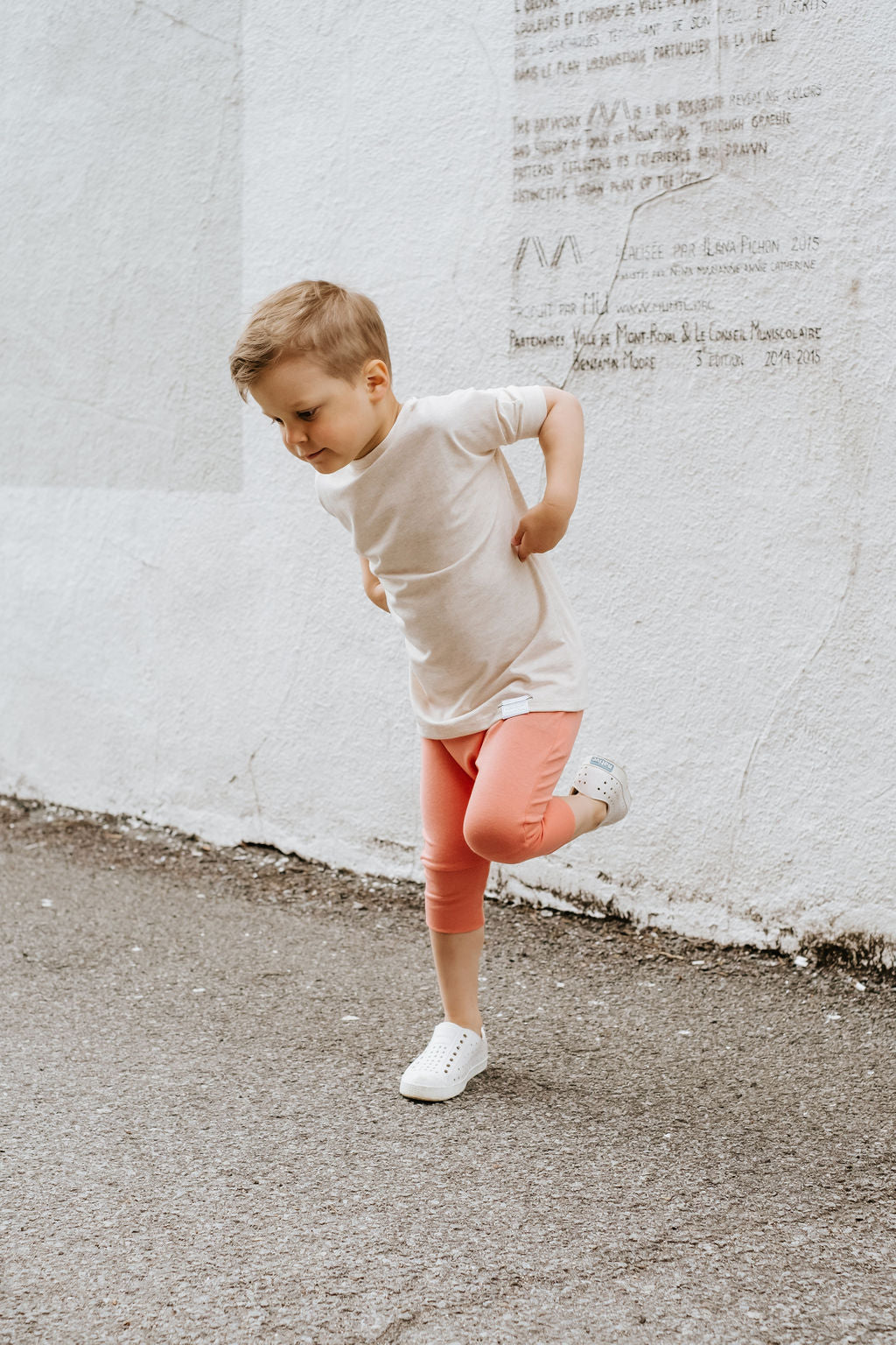 Heather Cream grow-with-me t-shirt for kids, made from soft Lyocell. Ethically made in Canada for a sustainable and comfy fit.