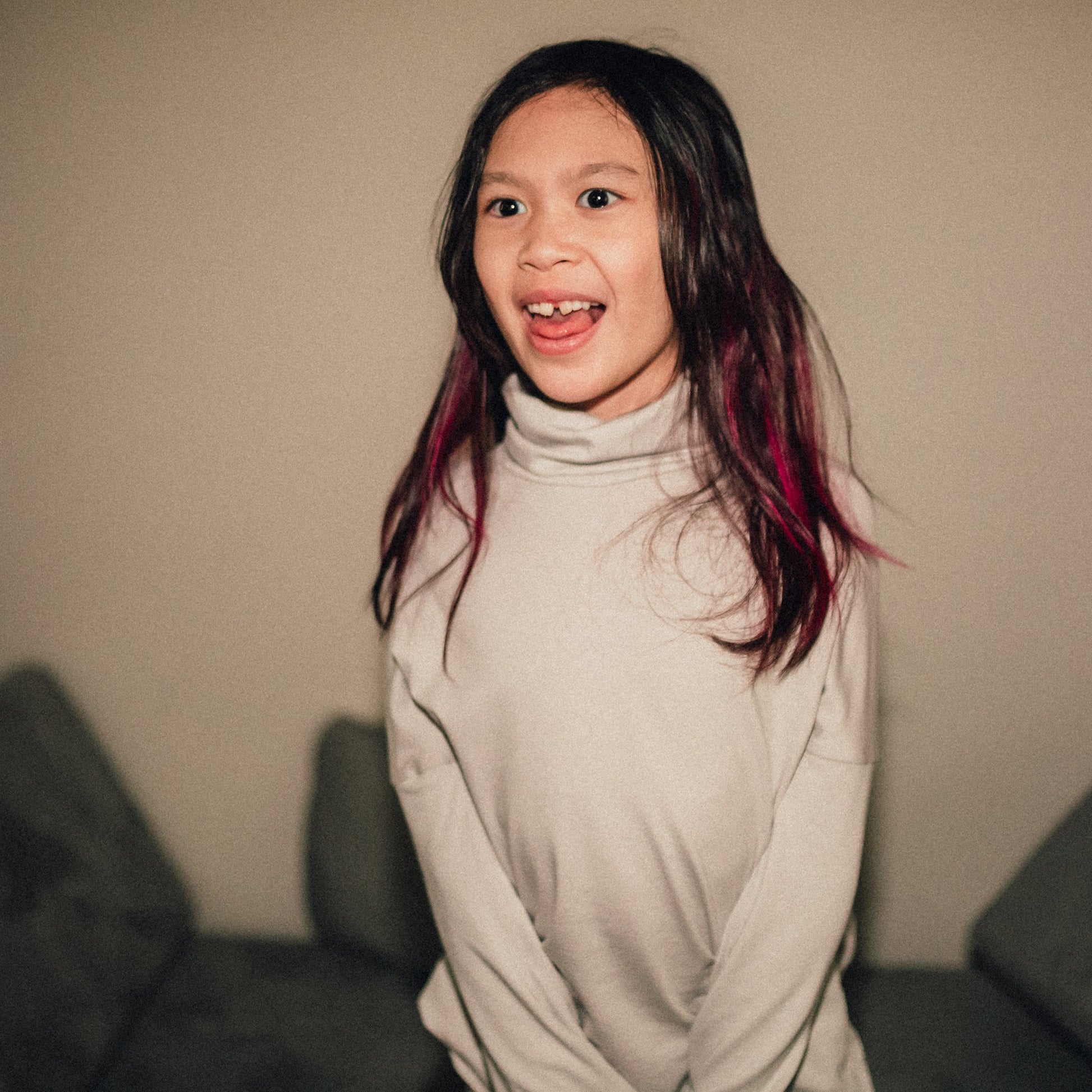 Eco-friendly kids' clothing – gender-neutral Light Grey Taupe grow with me turtleneck, sustainably made in Canada.