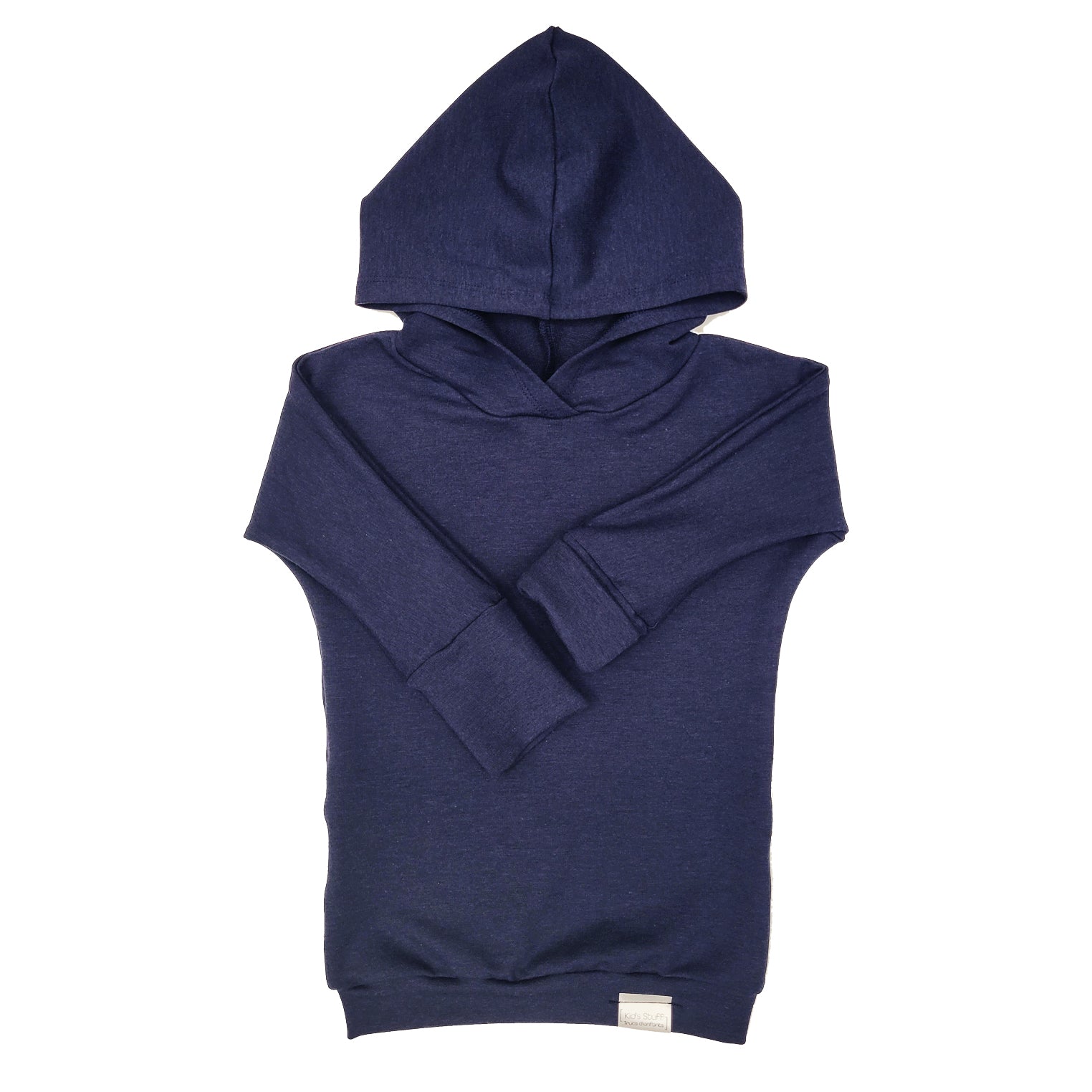 Eco-friendly kids' clothing – gender-neutral navy grow with me hoodie, sustainably made in Canada.