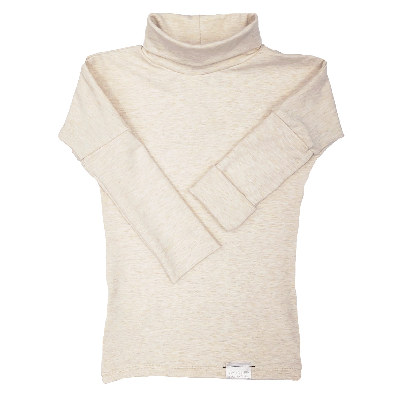 Eco-friendly kids' clothing – gender-neutral Light Grey Taupe grow with me turtleneck, sustainably made in Canada.