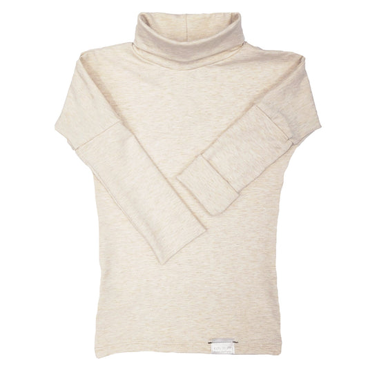 Eco-friendly kids' clothing – gender-neutral Light Grey Taupe grow with me turtleneck, sustainably made in Canada.
