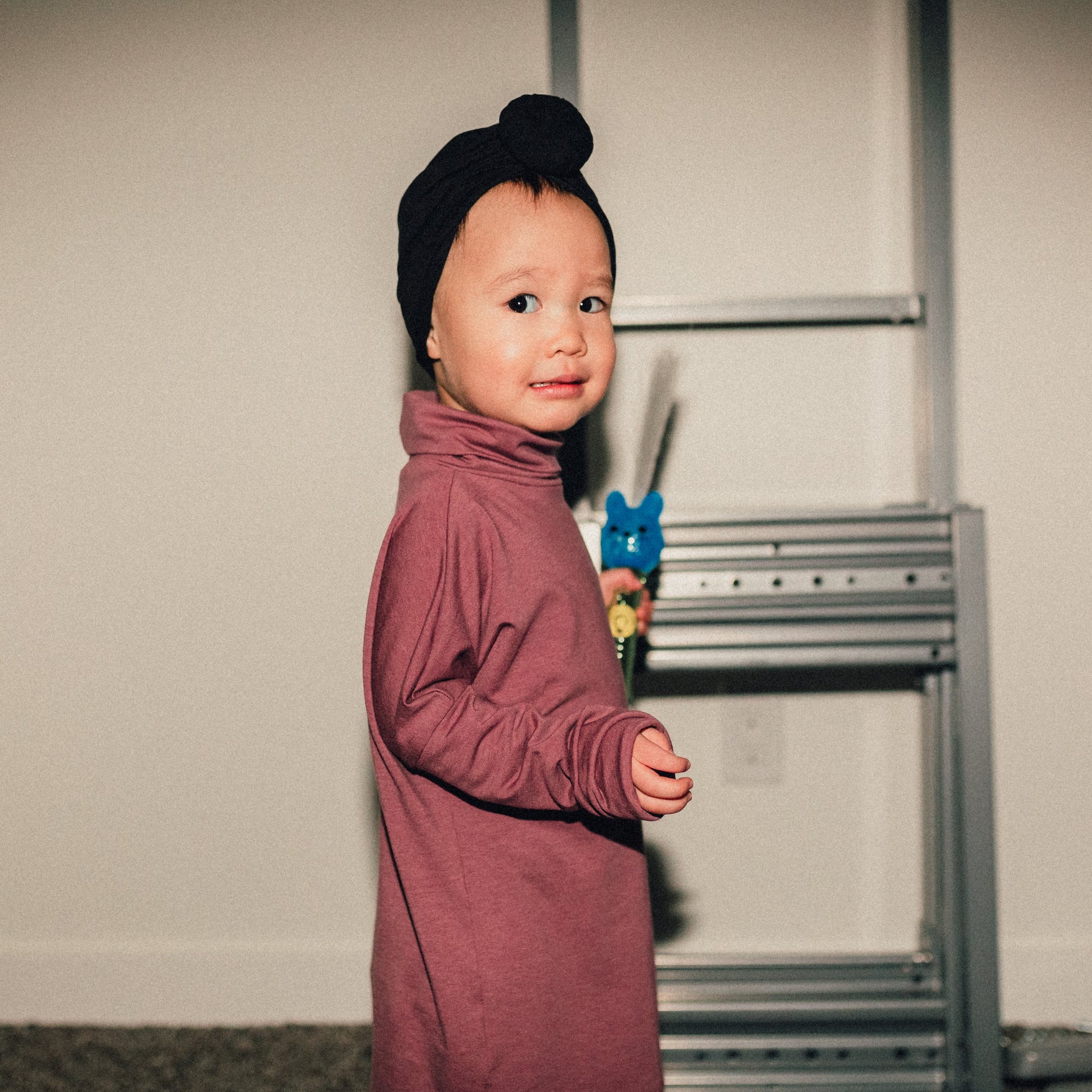 Eco-friendly kids' clothing – gender-neutral Rose Brown grow with me turtleneck, sustainably made in Canada.