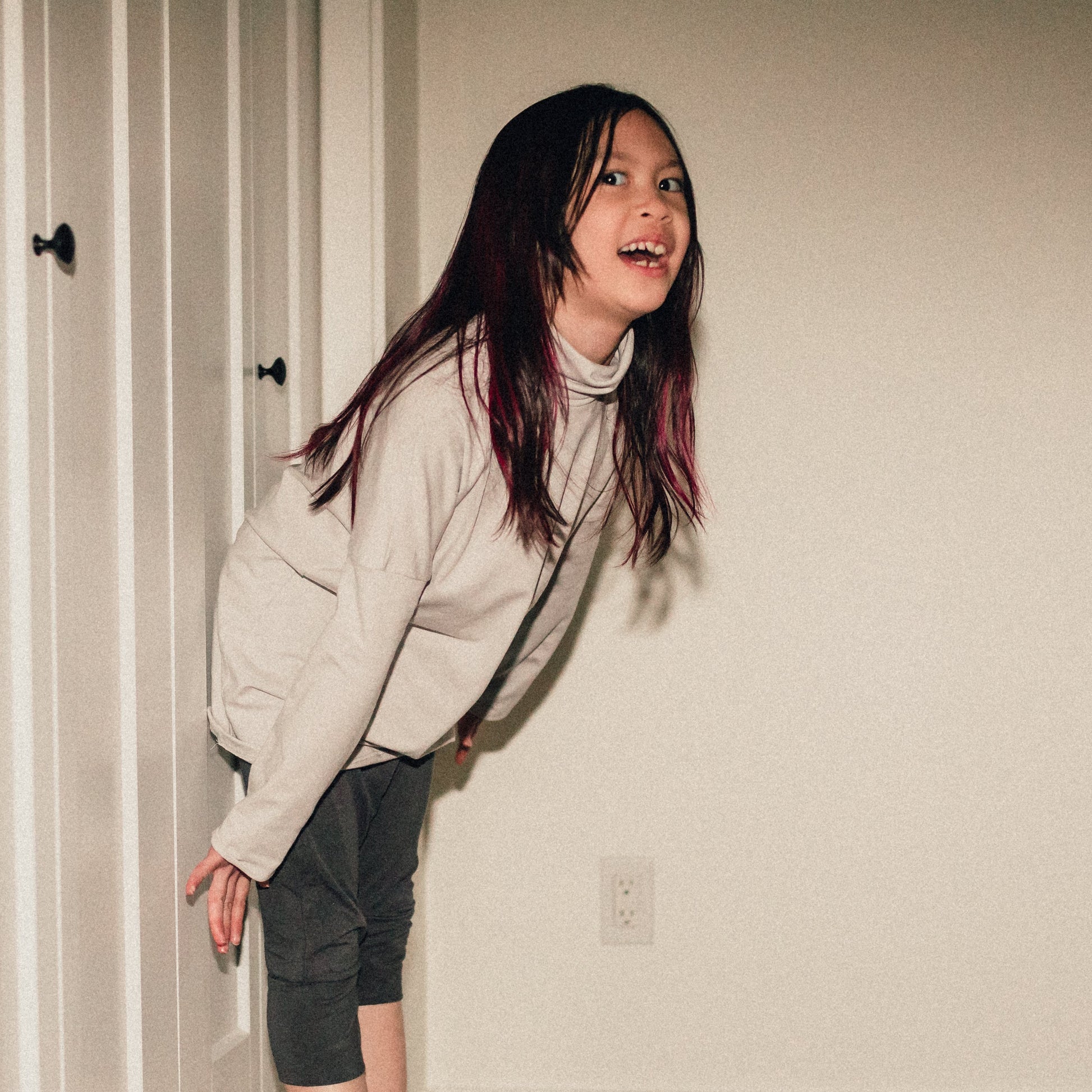 Eco-friendly kids' clothing – gender-neutral Light Grey Taupe grow with me turtleneck, sustainably made in Canada.