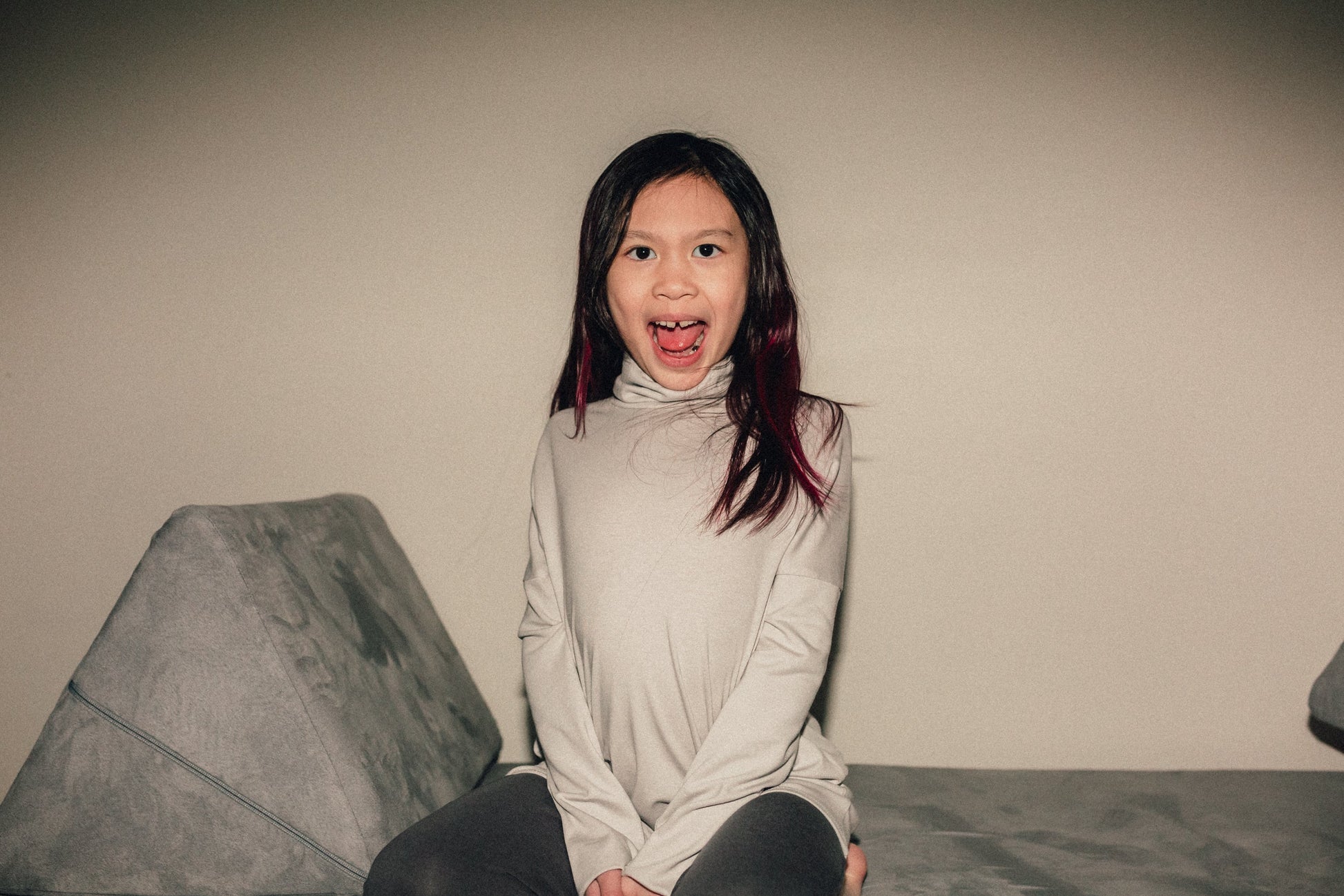 Eco-friendly kids' clothing – gender-neutral Light Grey Taupe grow with me turtleneck, sustainably made in Canada.