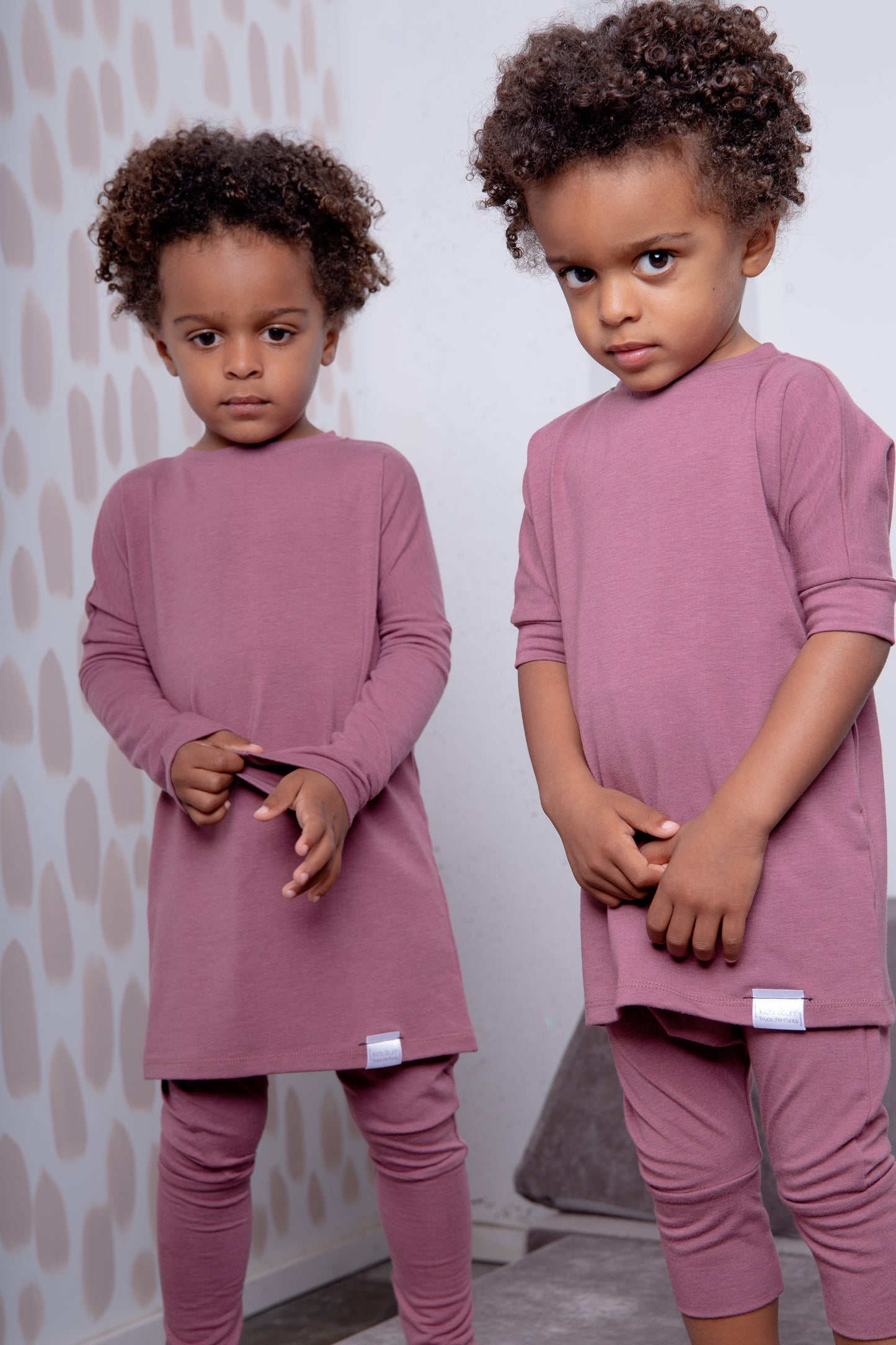 Rose brown grow-with-me shirt for toddlers and kids, designed to be worn as a dress, tunic, or long shirt. Seamless shoulders and soft, eco-friendly fabric. Ethically made in Canada.