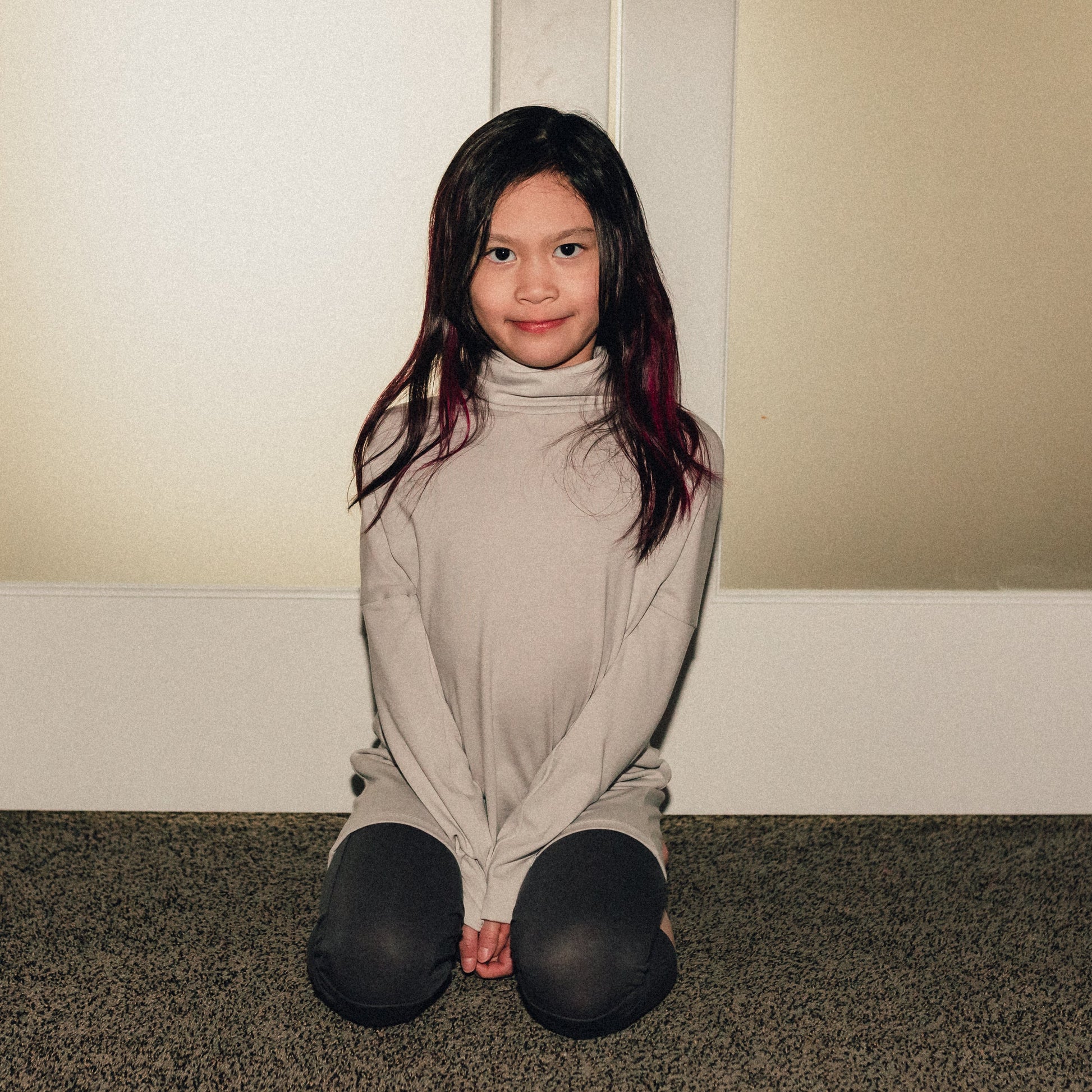 Eco-friendly kids' clothing – gender-neutral Light Grey Taupe grow with me turtleneck, sustainably made in Canada.