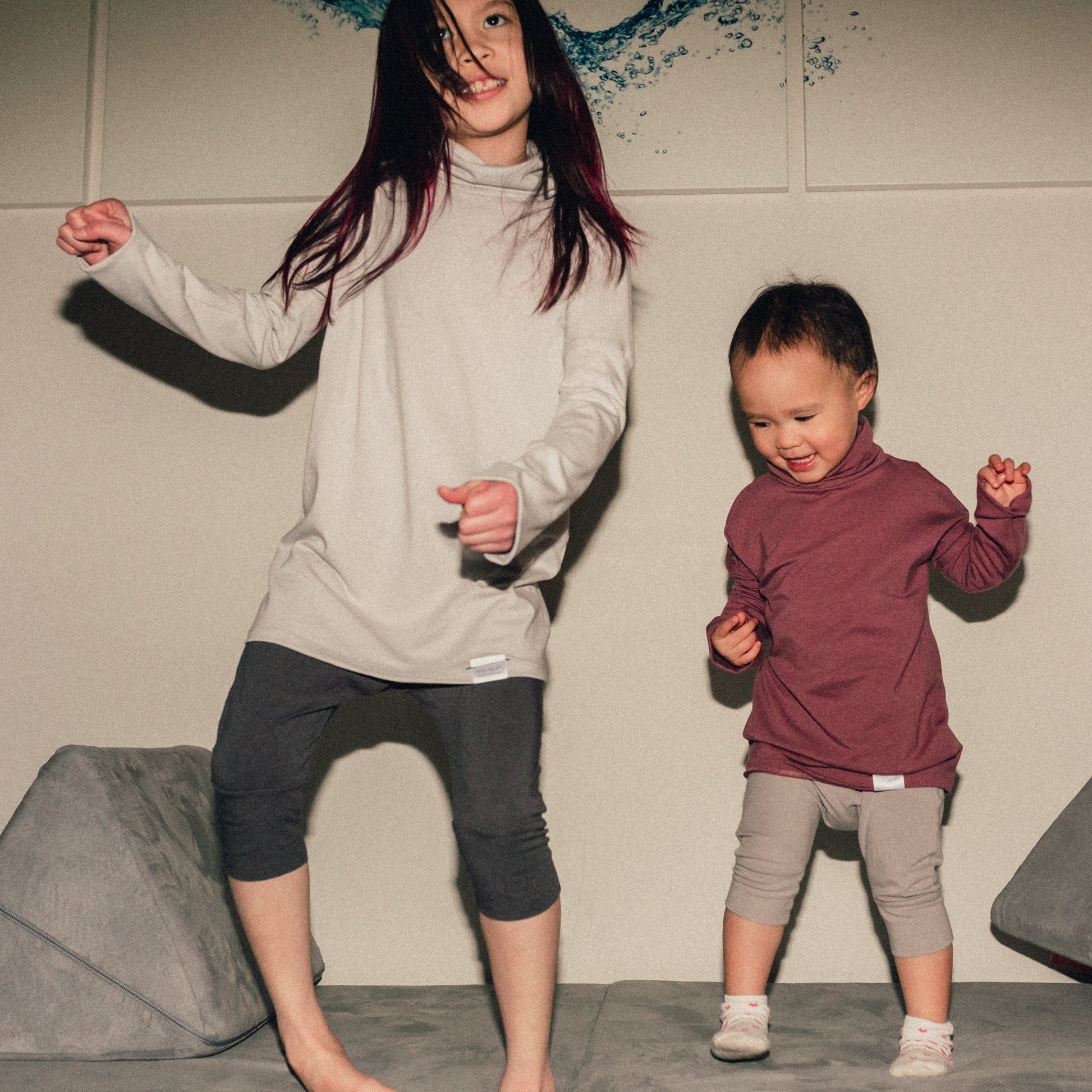 Eco-friendly kids' clothing – gender-neutral Light Grey Taupe grow with me turtleneck, sustainably made in Canada.