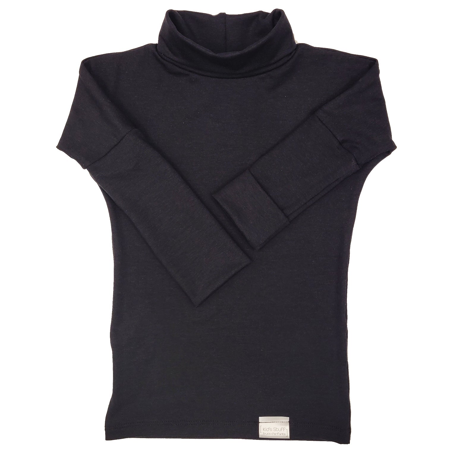 Eco-friendly kids' clothing – gender-neutral Black grow with me turtleneck, sustainably made in Canada.