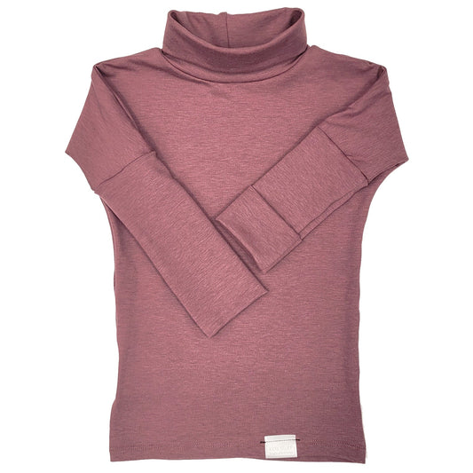 Eco-friendly kids' clothing – gender-neutral Rose Brown grow with me turtleneck, sustainably made in Canada.