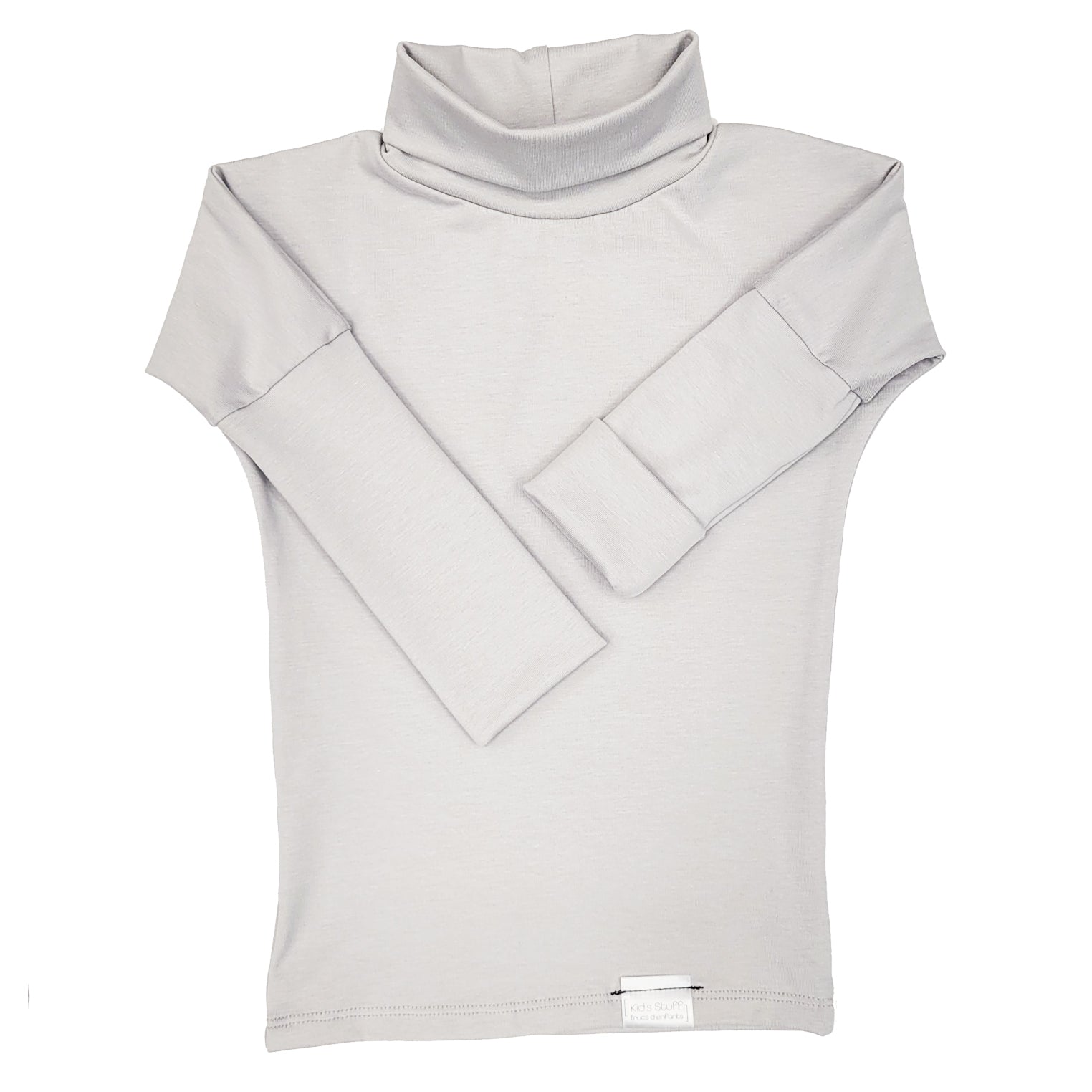 Eco-friendly kids' clothing – gender-neutral Light Grey Taupe grow with me turtleneck, sustainably made in Canada.