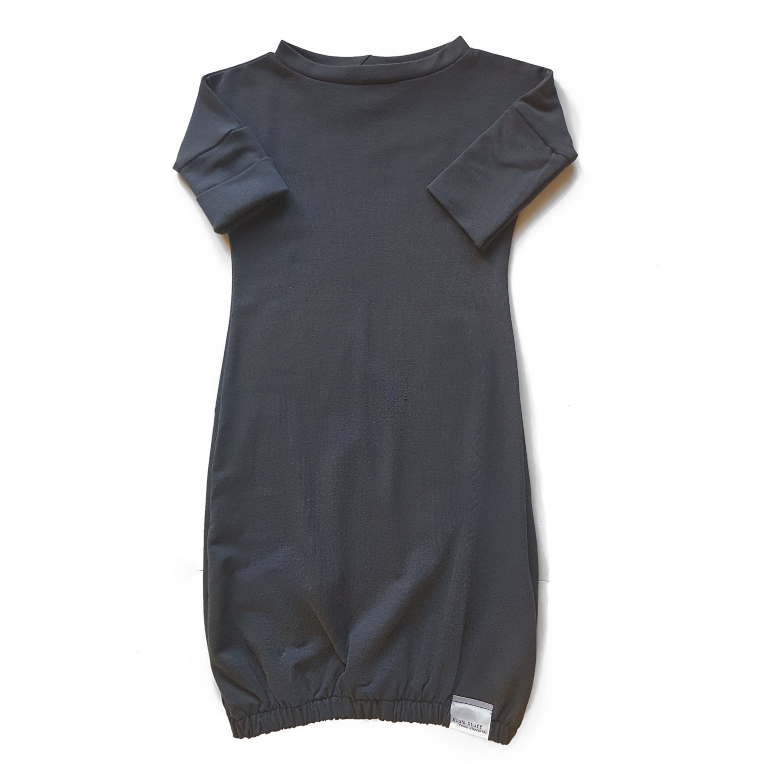 Eco-friendly kids' clothing – gender-neutral dark grey newborn gown, sustainably made in Canada.