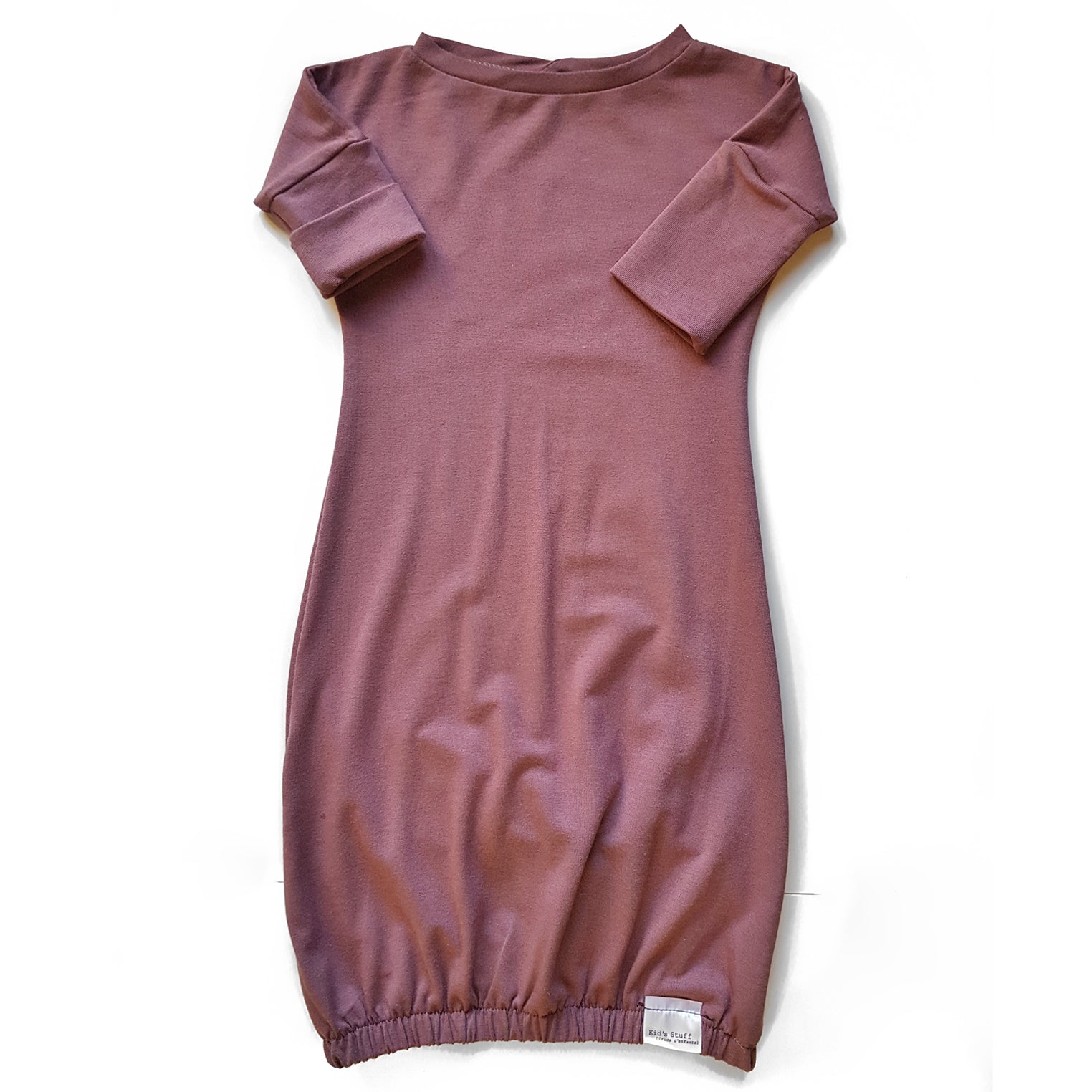 Eco-friendly kids' clothing – gender-neutral rose brown newborn gown, sustainably made in Canada.