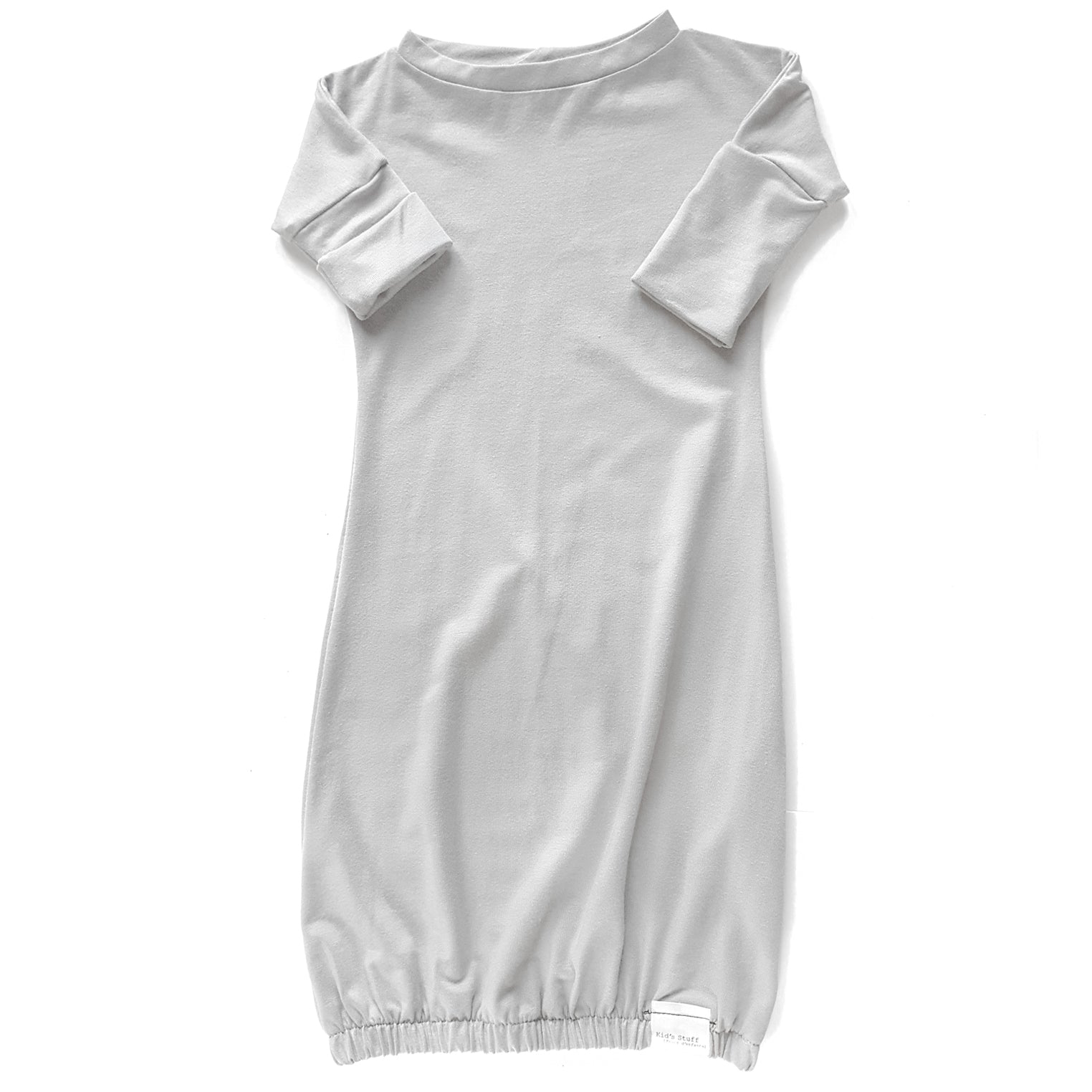 Eco-friendly kids' clothing – gender-neutral taupe newborn gown, sustainably made in Canada.