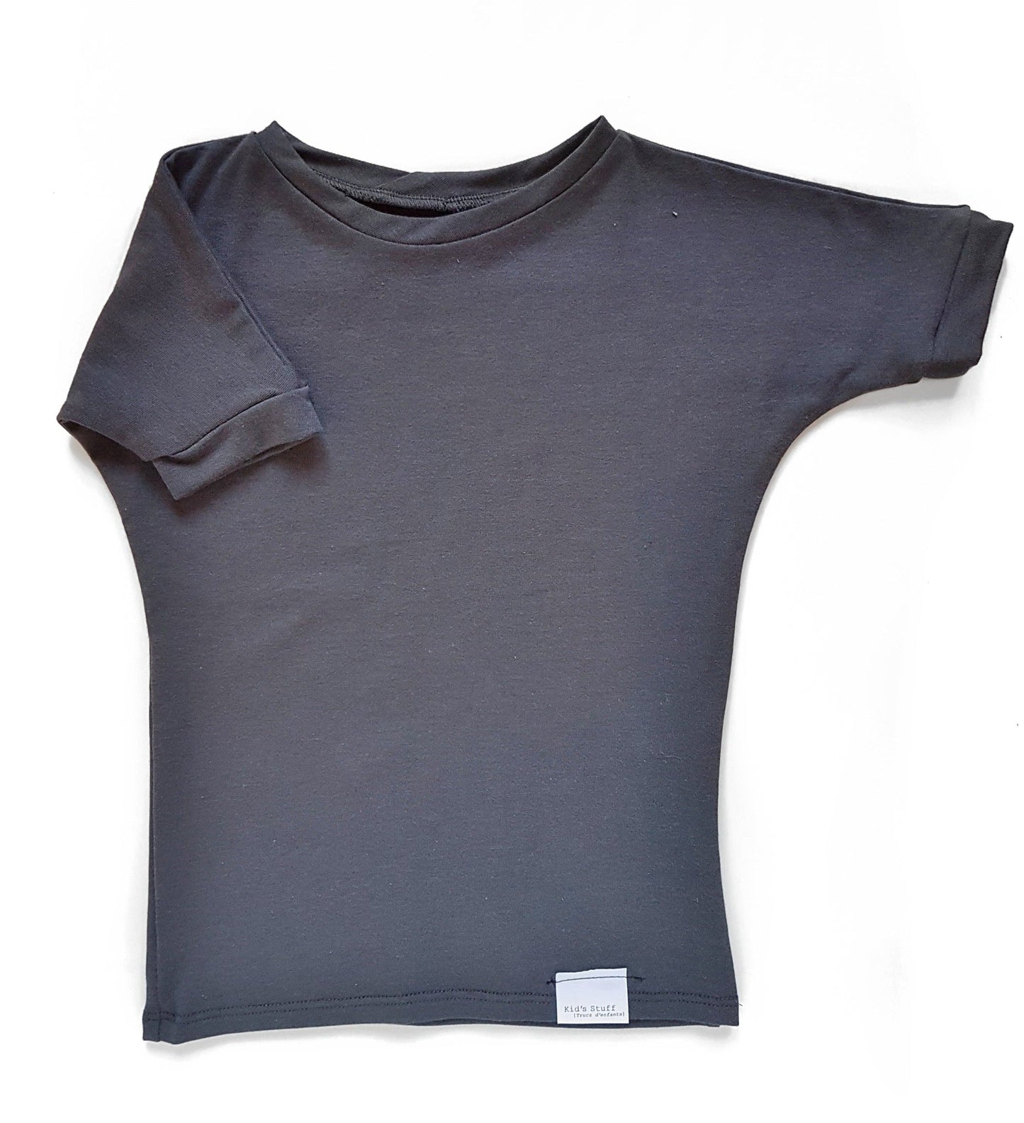 Dark Grey grow-with-me t-shirt for kids, made from soft Lyocell. Ethically made in Canada for a sustainable and comfy fit.