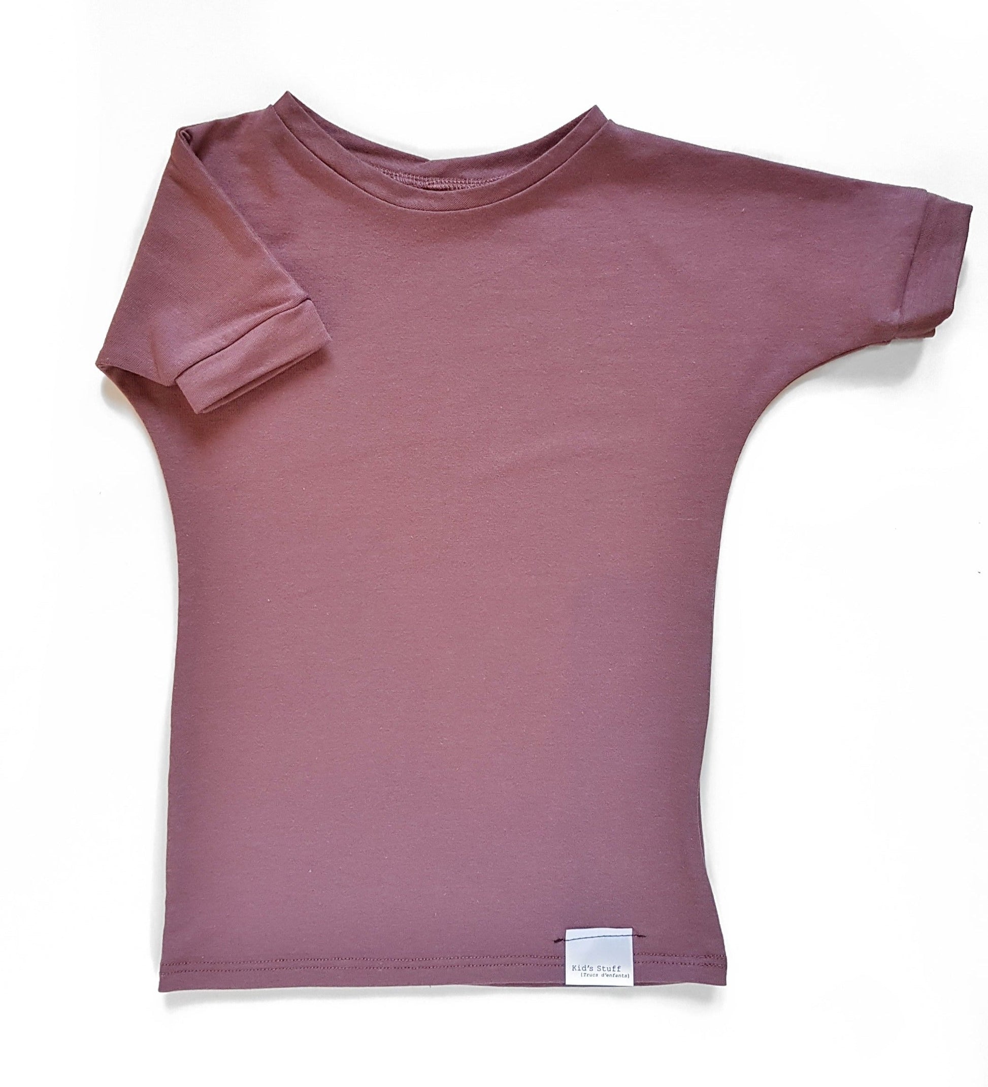 Rose Brown grow-with-me t-shirt for kids, made from soft Lyocell. Ethically made in Canada for a sustainable and comfy fit.