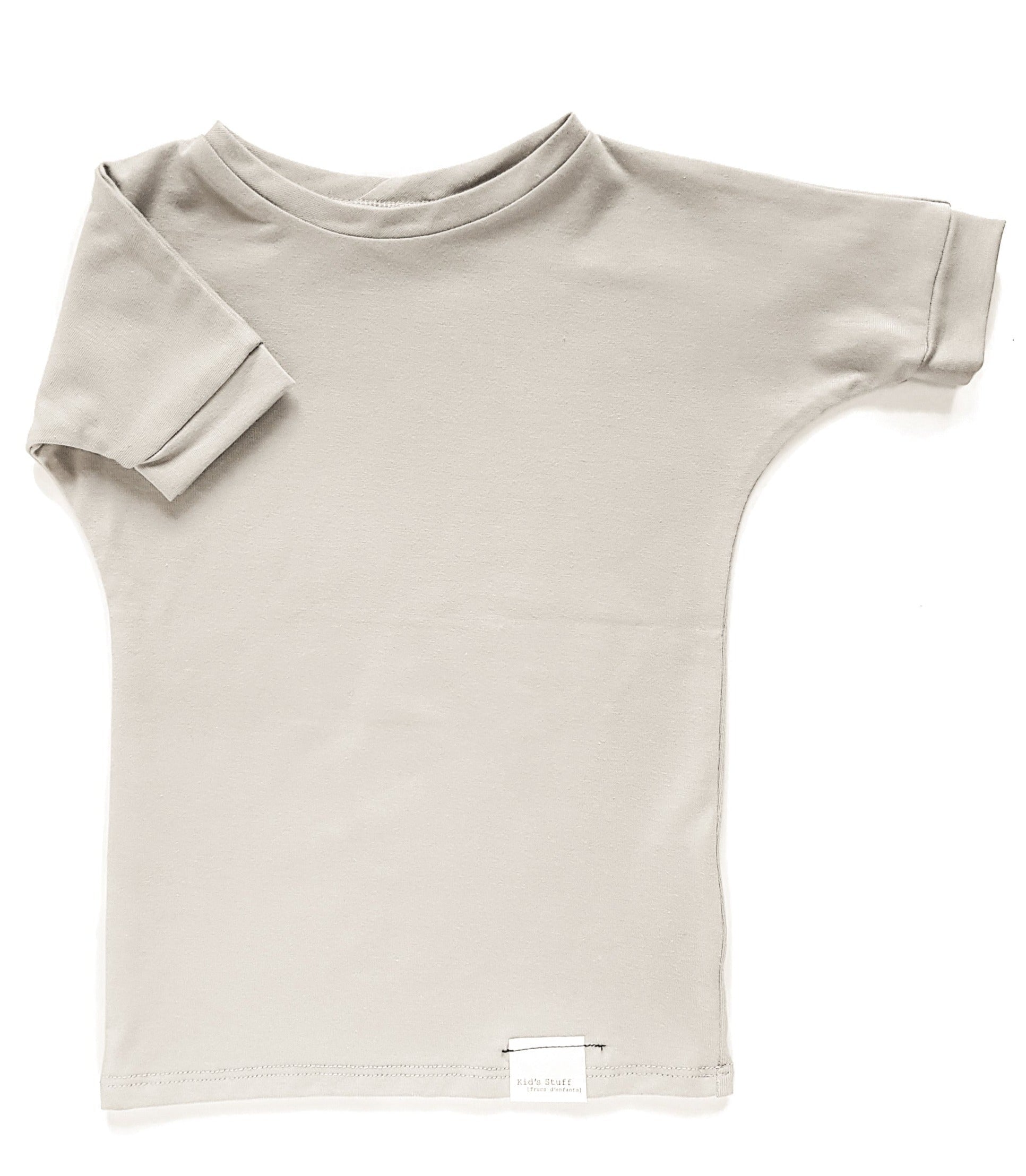 Taupe grow-with-me t-shirt for kids, made from soft Lyocell. Ethically made in Canada for a sustainable and comfy fit.