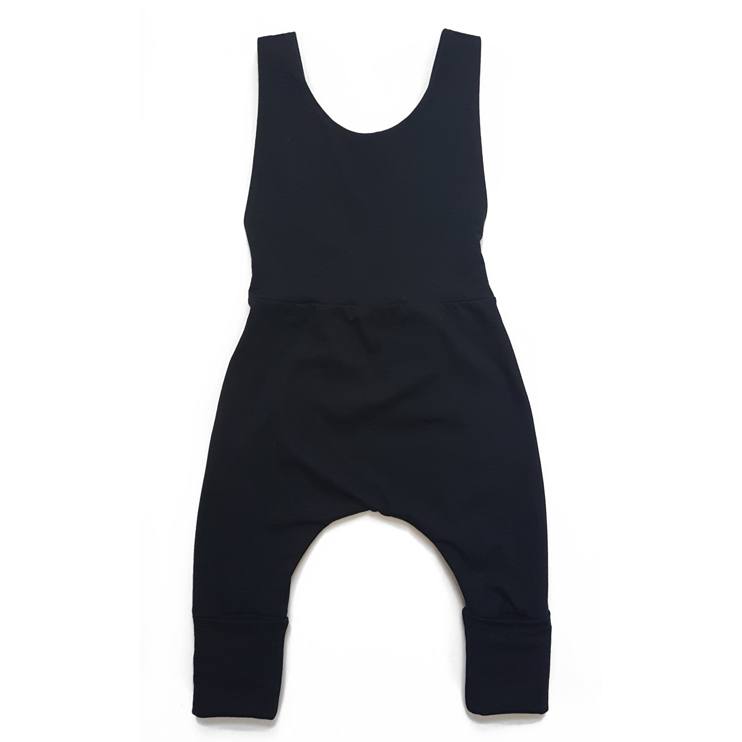 black grow-with-me overalls for toddlers and kids, made from soft, eco-friendly fabric. Adjustable straps and cuffs for a long-lasting fit. Ethically made in Canada.