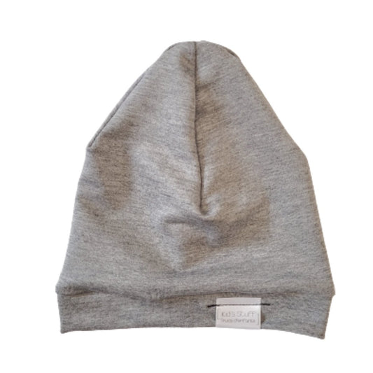 Soft and stretchy  grey cloud beanie for kids, made from eco-friendly fabric. Ethically crafted in Canada, featuring a fold-over brim and minimalist design