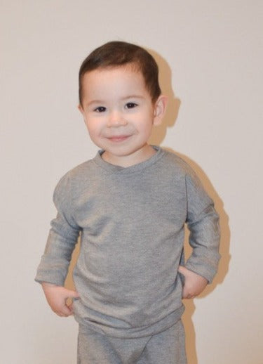 Eco-friendly kids' clothing – gender-neutral Grey Cloud grow with me sweater, sustainably made in Canada.