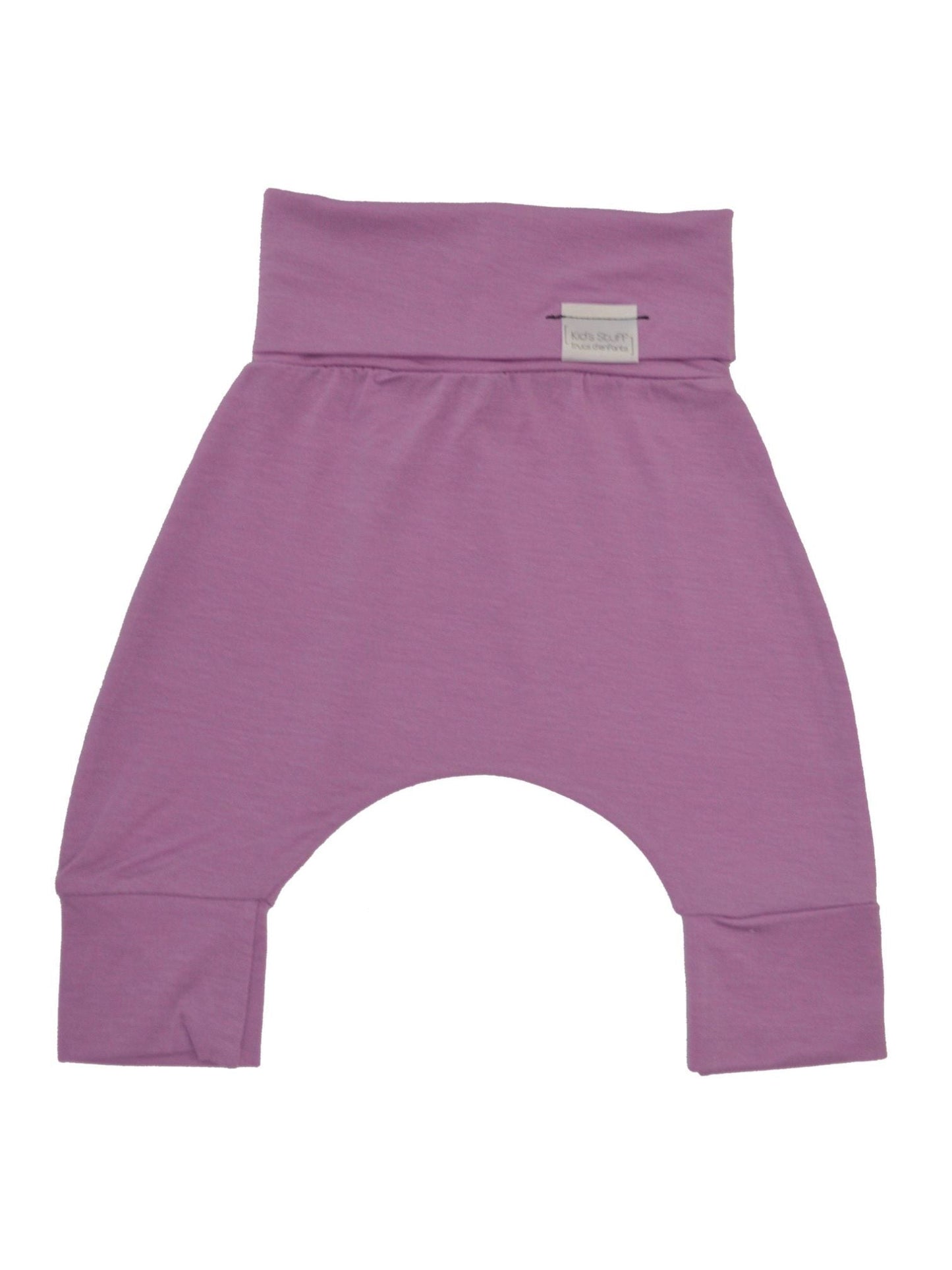 Orchid grow-with-me shorts for kids, made from soft organic cotton with a stretchy, foldable waistband. Ethically made in Canada for a sustainable and comfy fit.